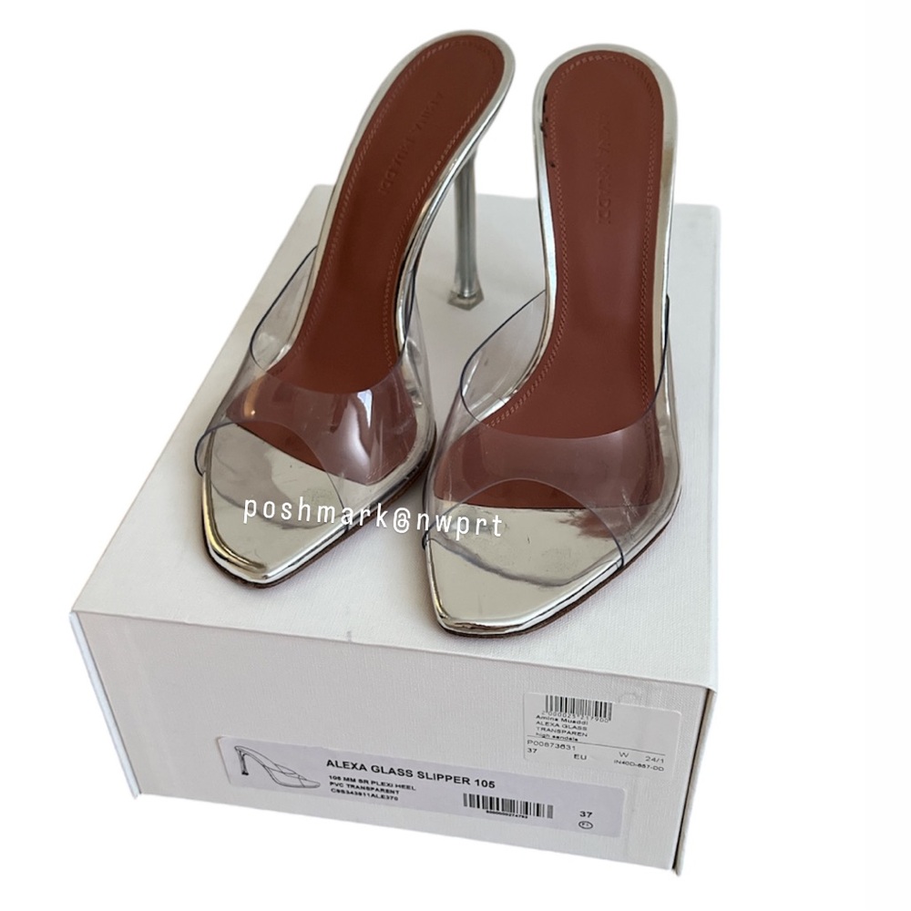 Amina Muaddi 💘 Alexa Glass 105 Transparent Clear Plexi PVC Sandals Heels 37 Box - Picture 3 of 15